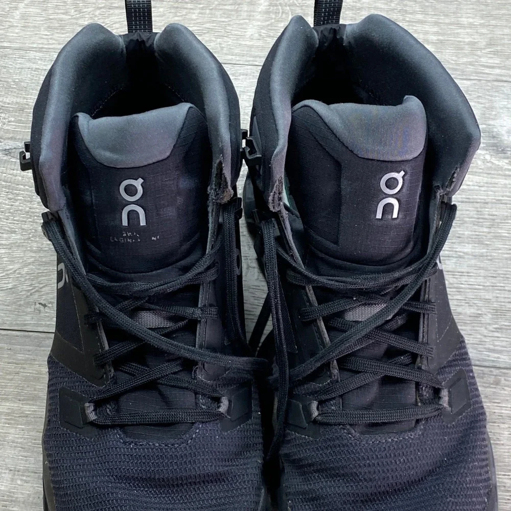 On Cloudrock Waterproof Hiking Boots Mens 12 Black All Black Trail Outdoor